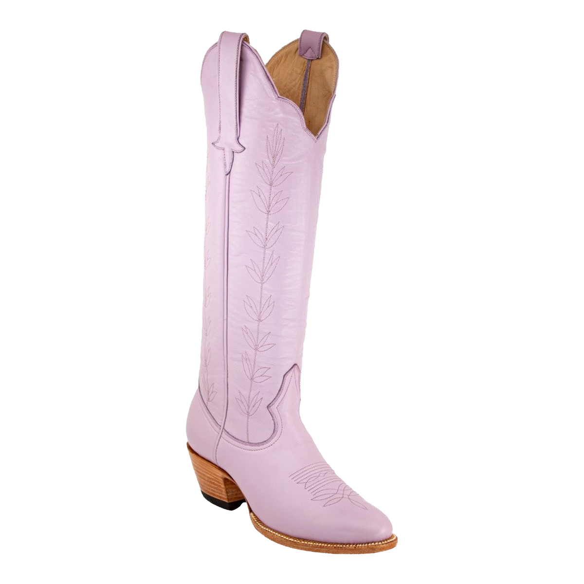 Lavender Vine boot, front three-quarter view with vine embroidery and a stacked heel.