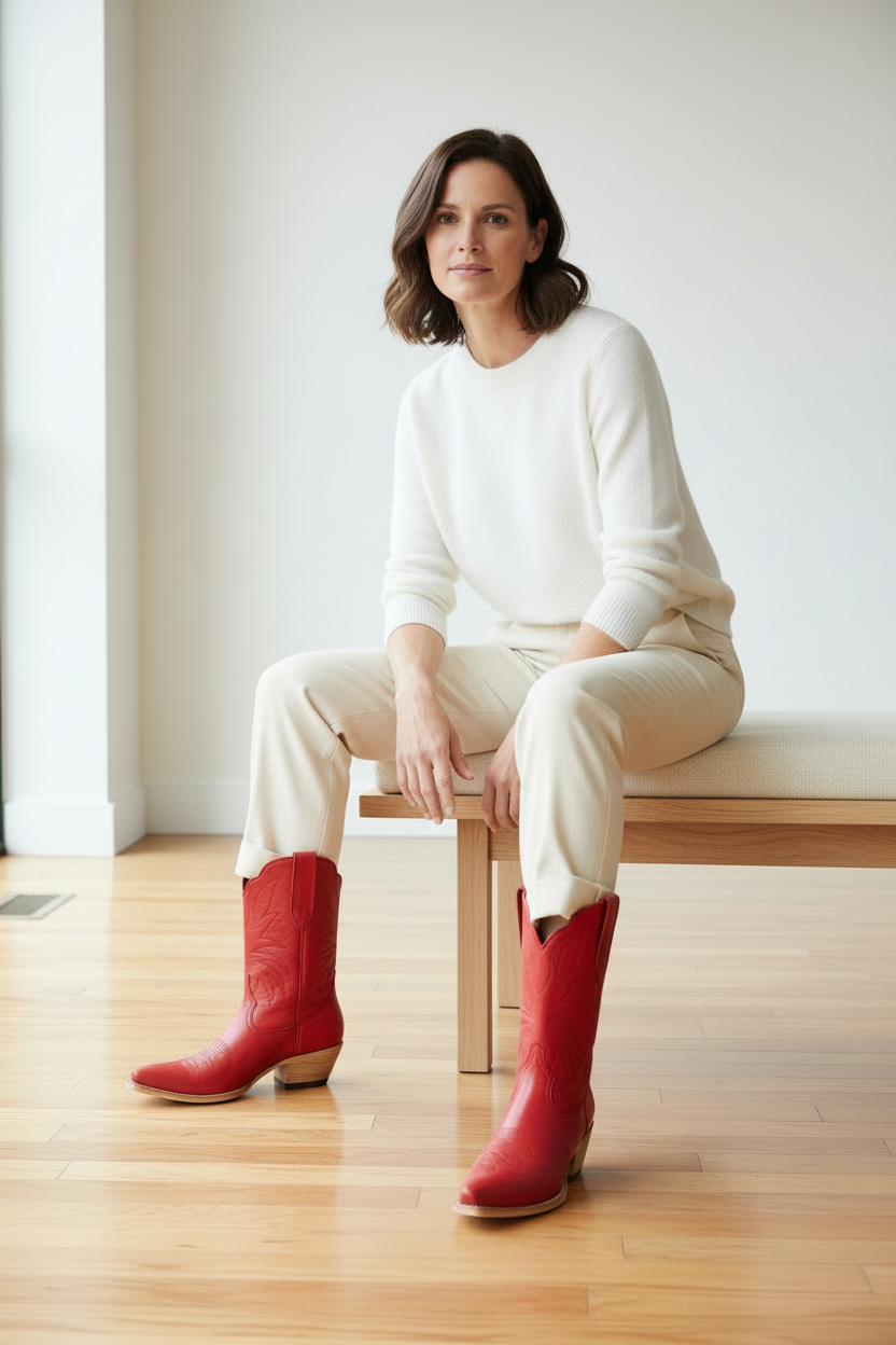 Woman sitting on a bench wearing  luxury handcrafted deep red boots, white sweater, and beige pants.