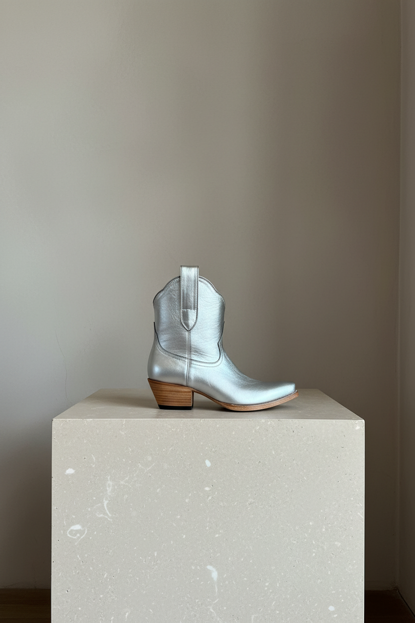 The Payton Boot — Silver Metallic — Side profile showing architectural silhouette and stacked leather heel