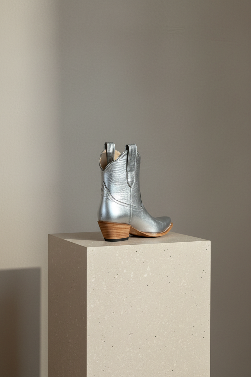 The Payton Boot — Silver Metallic — Detail view of premium calfskin texture and tonal stitching