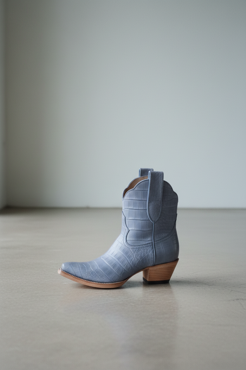 Blue cowboy boot on a light wooden floor with a neutral background