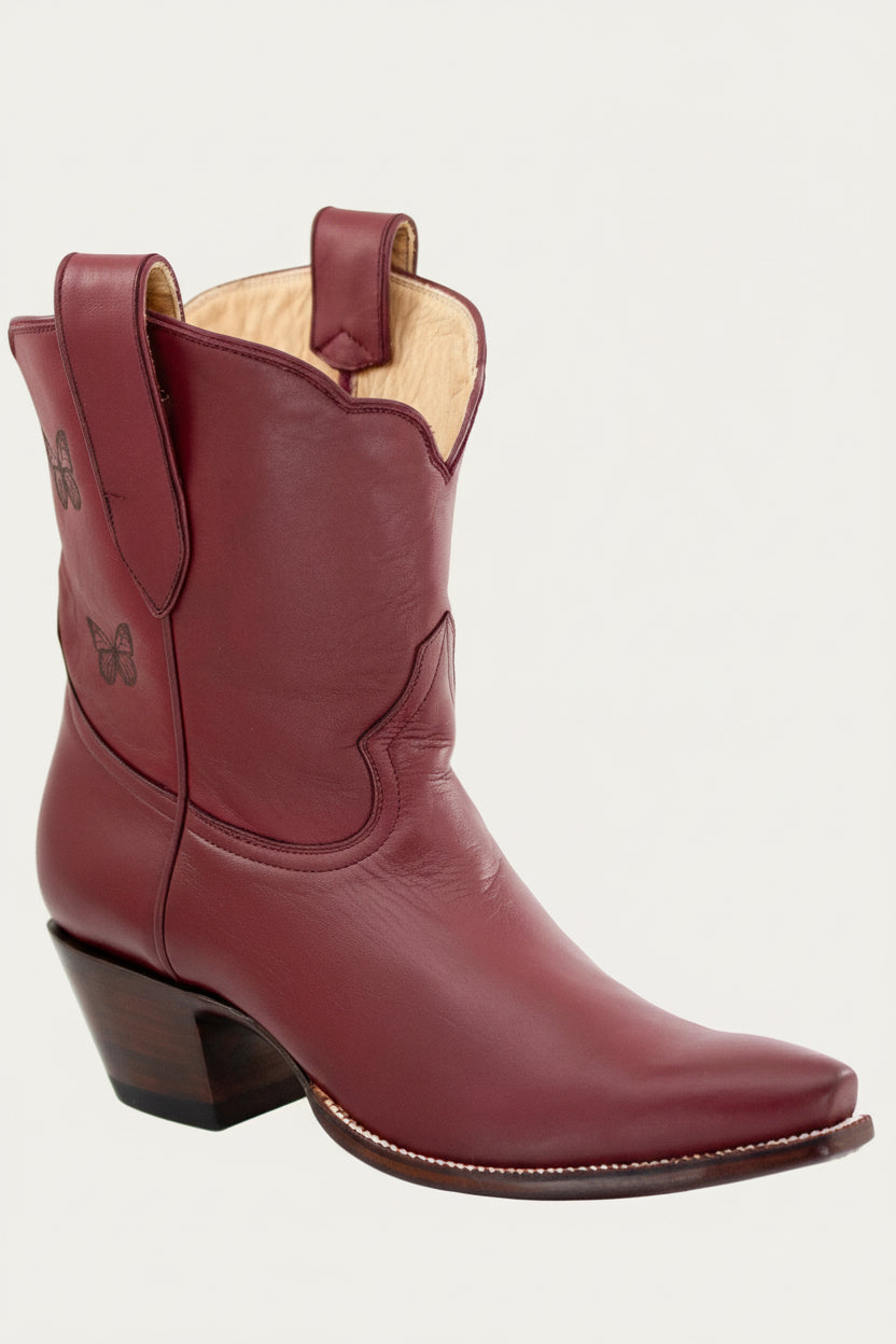 Red Maroon Burgundy Crimson cowgirl cowboy boot with a butterfly design on a white background