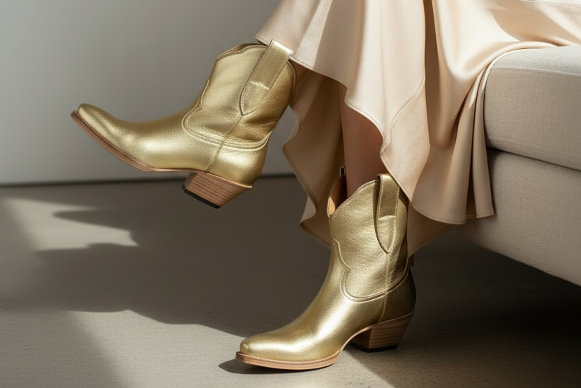 Woman wearing gold cowboy boots and a beige dress sitting on a couch.
