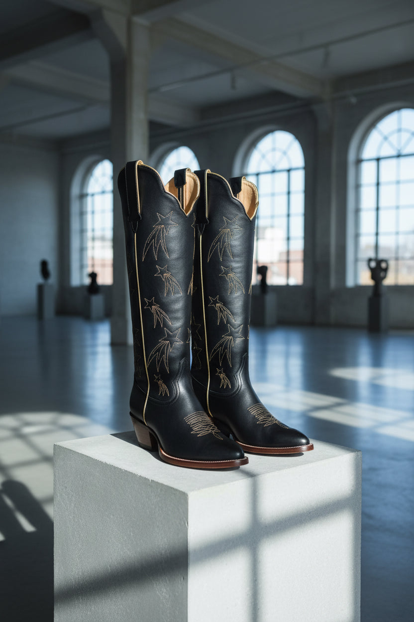 Pair of black cowboy boots on a white pedestal in a large room with arched windows.