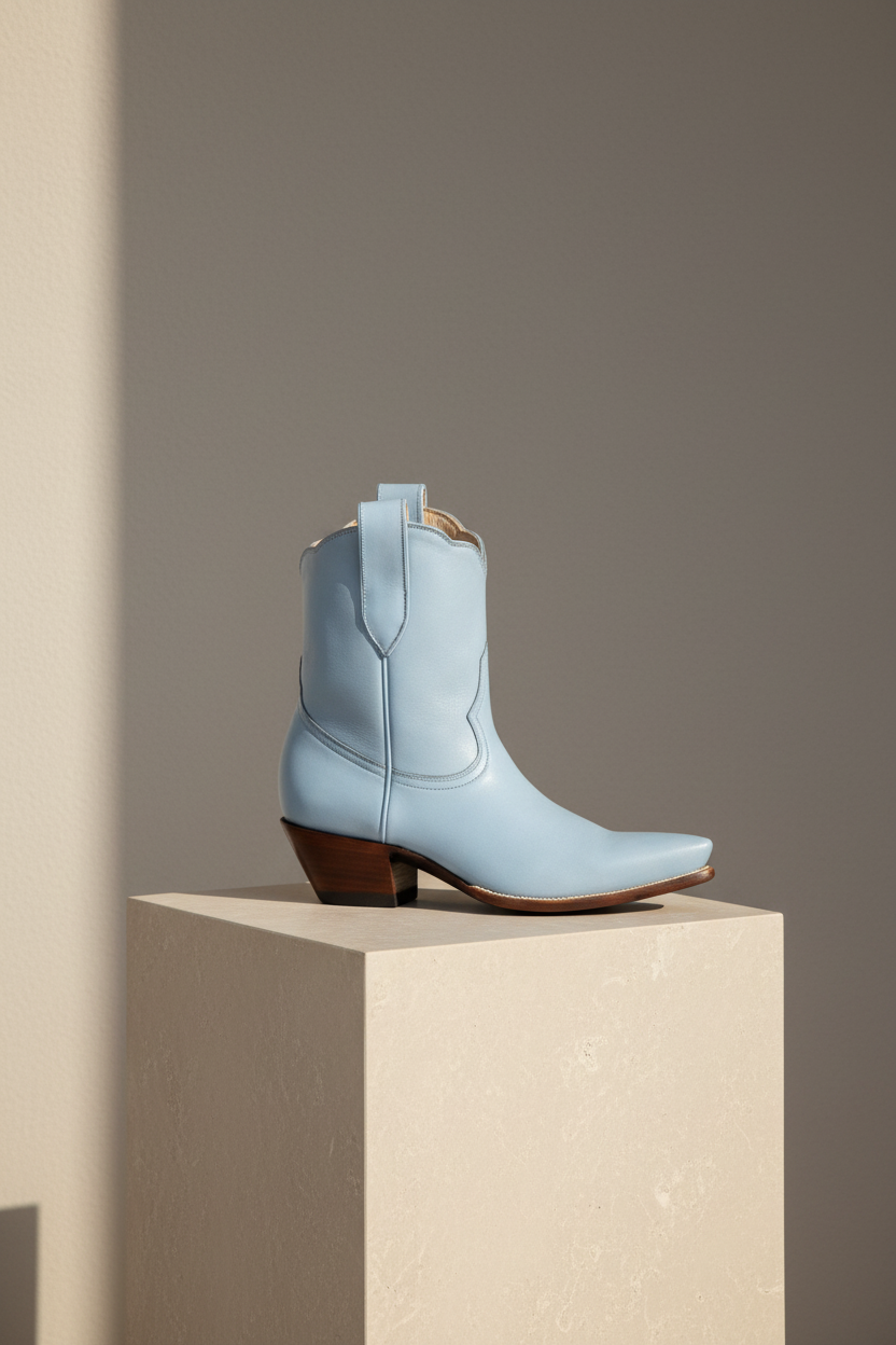 Heirloom Field Payton cowgirl boot in Powder Blue, side view on a pedestal.