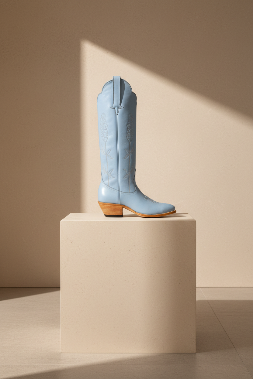 Powder Blue Bluebonnet tall western boot with floral detail on a stone pedestal