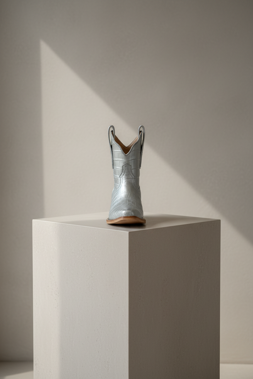 The Payton Boot — Silver Metallic Alligator — Side profile showing architectural silhouette and stacked leather heel