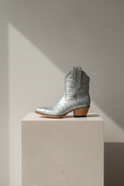 The Payton Boot — Silver Metallic Alligator — Detail view of premium calfskin texture and tonal stitching