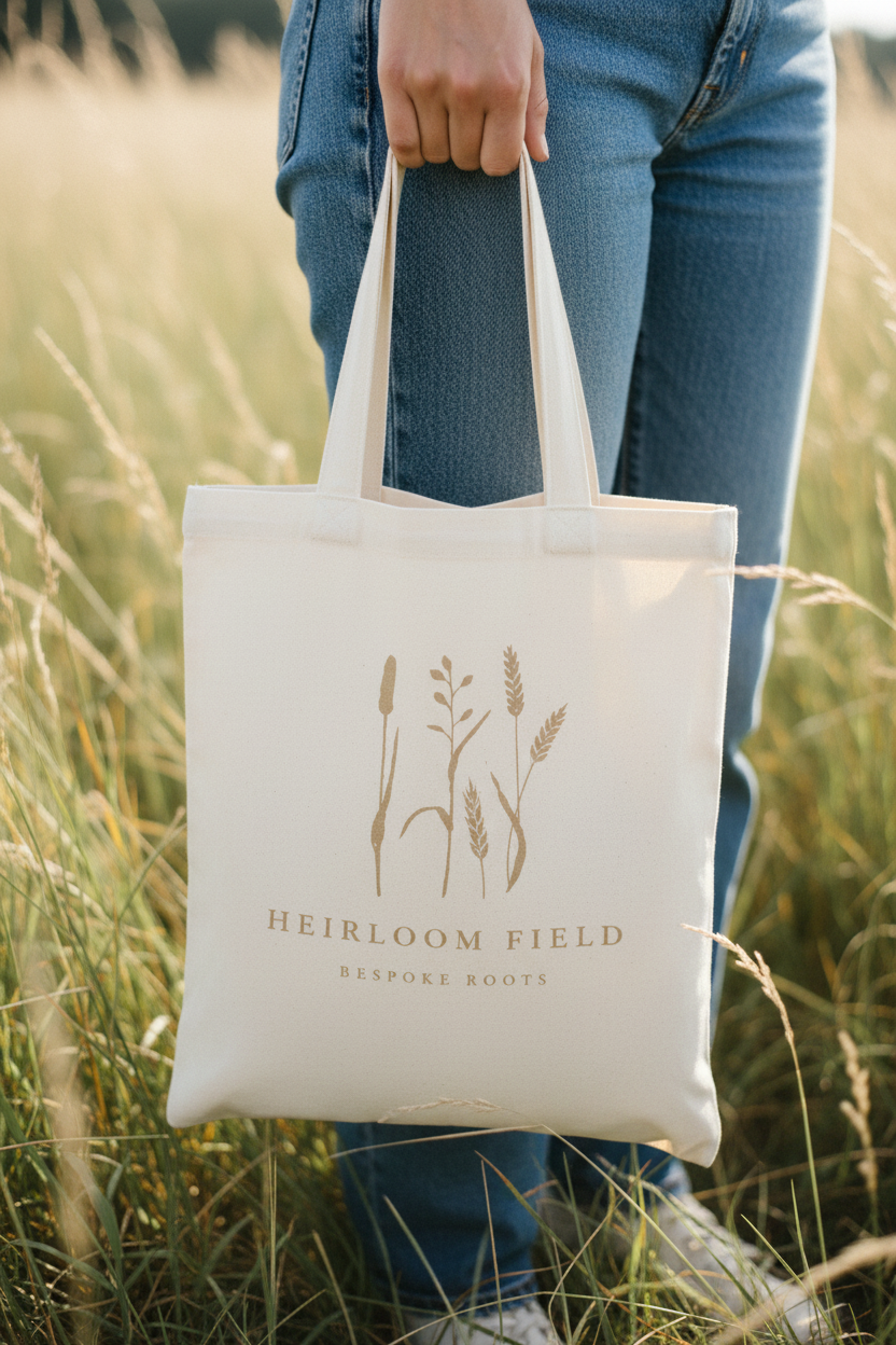 Person holding a tote bag with 'Heirloom Field' branding in a grassy field