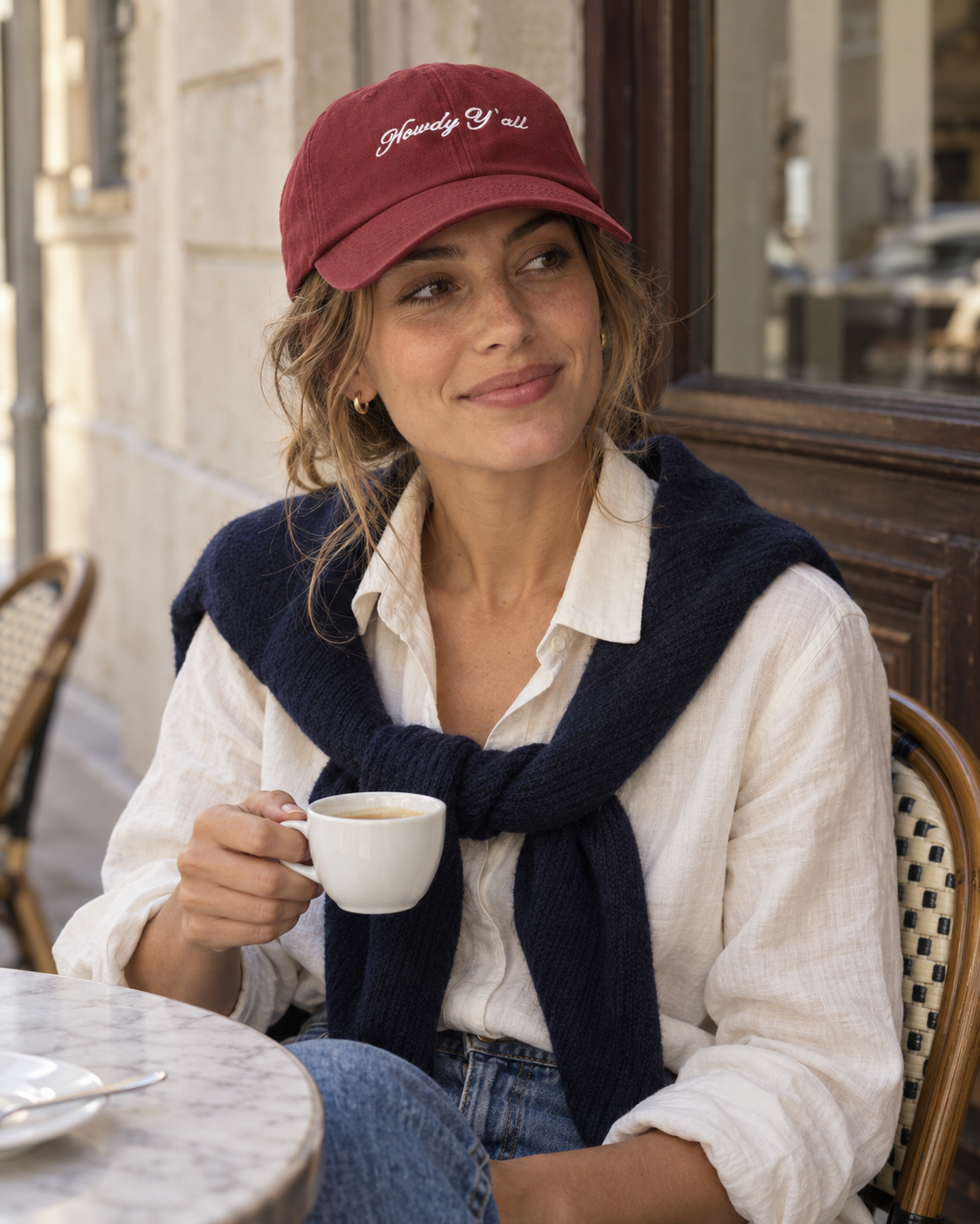 Woman wearing the burgundy Howdy Y'all cap, an ivory shirt and navy sweater while holding a coffee cup at a cafe.