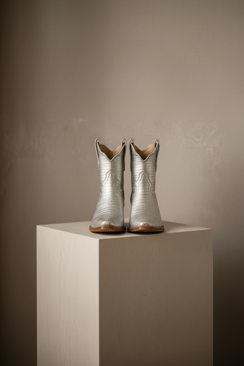 The Payton Boot — Silver Metallic Lizard — Detail view of premium calfskin texture and tonal stitching