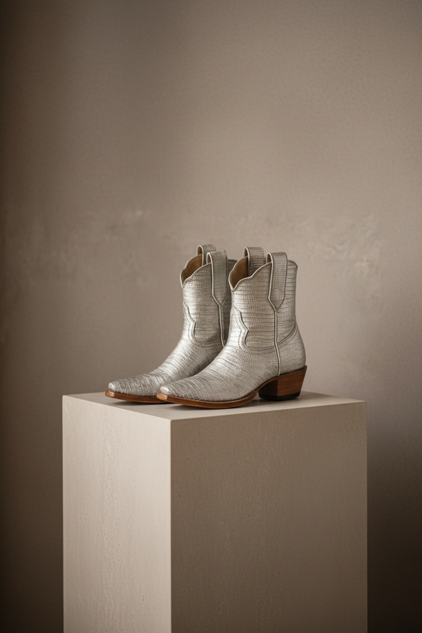 The Payton Boot — Silver Metallic Lizard — Side profile showing architectural silhouette and stacked leather heel