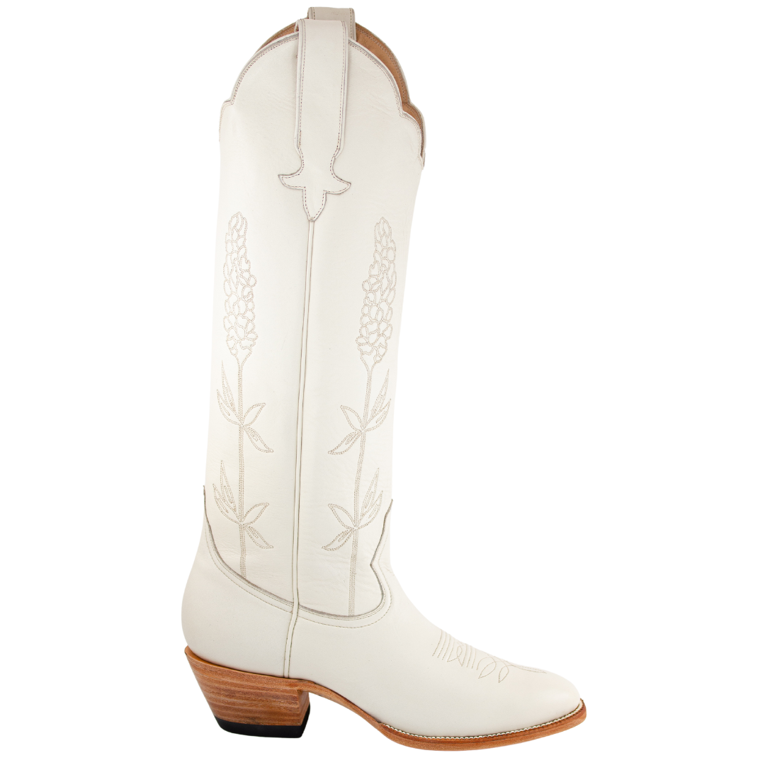 Bone Bluebonnet tall western boot with tonal floral embroidery, original product photograph