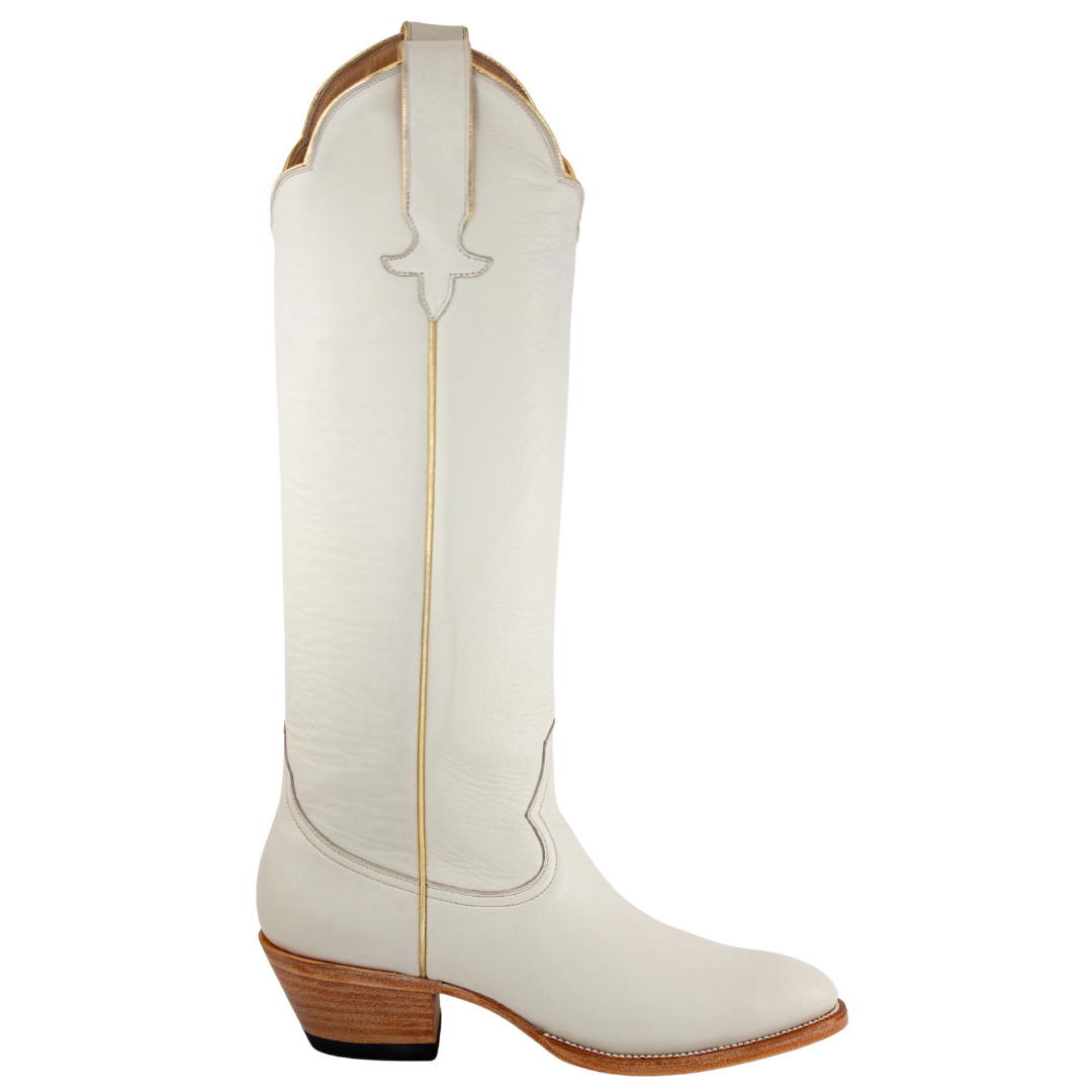 Bone and Gold McCall tall western boot, original side-view product photograph with gold piping