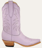 Lavender cowboy boot with brown sole on a white background