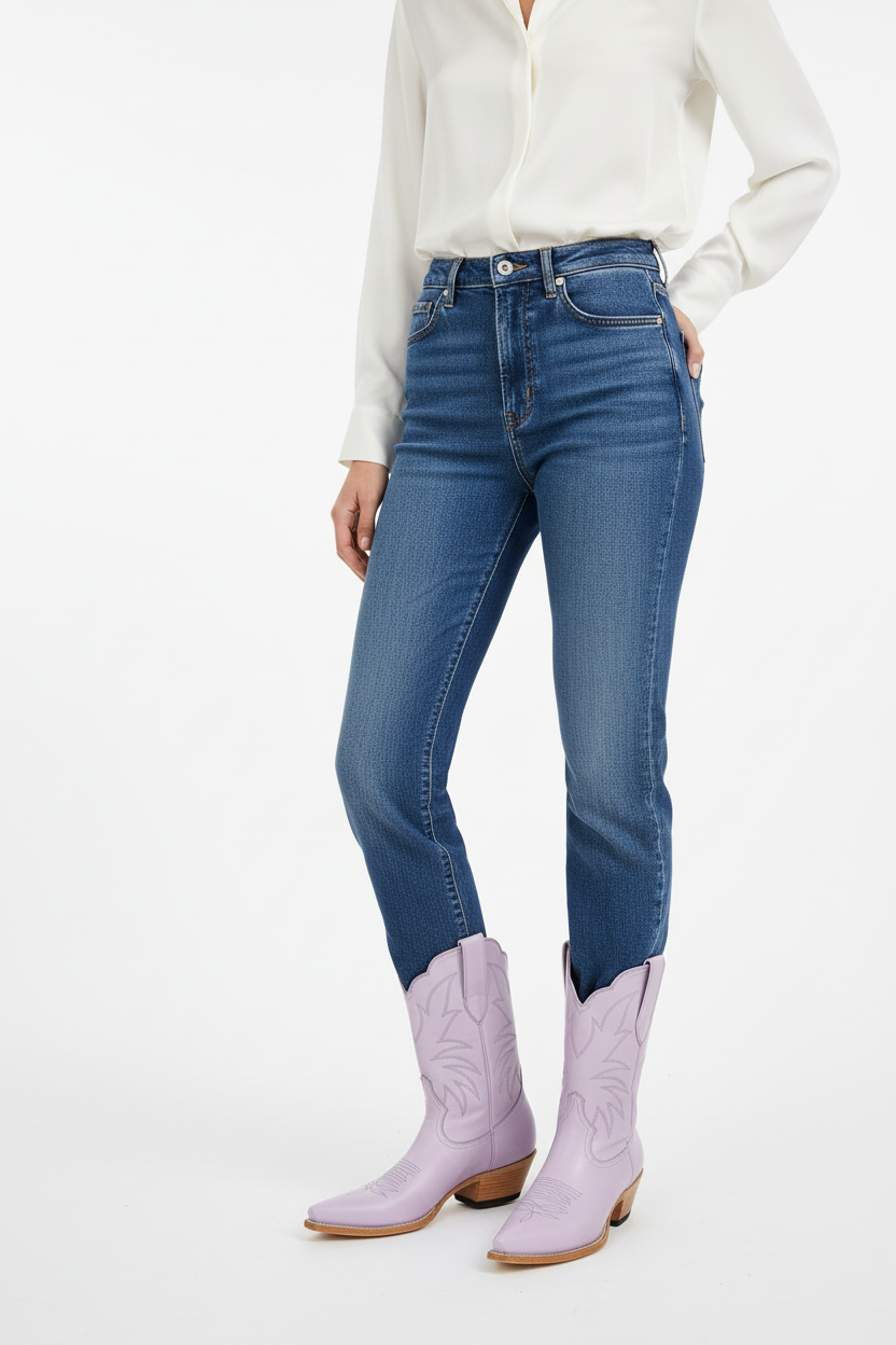 Person wearing blue jeans and lavender cowboy boots on a white background