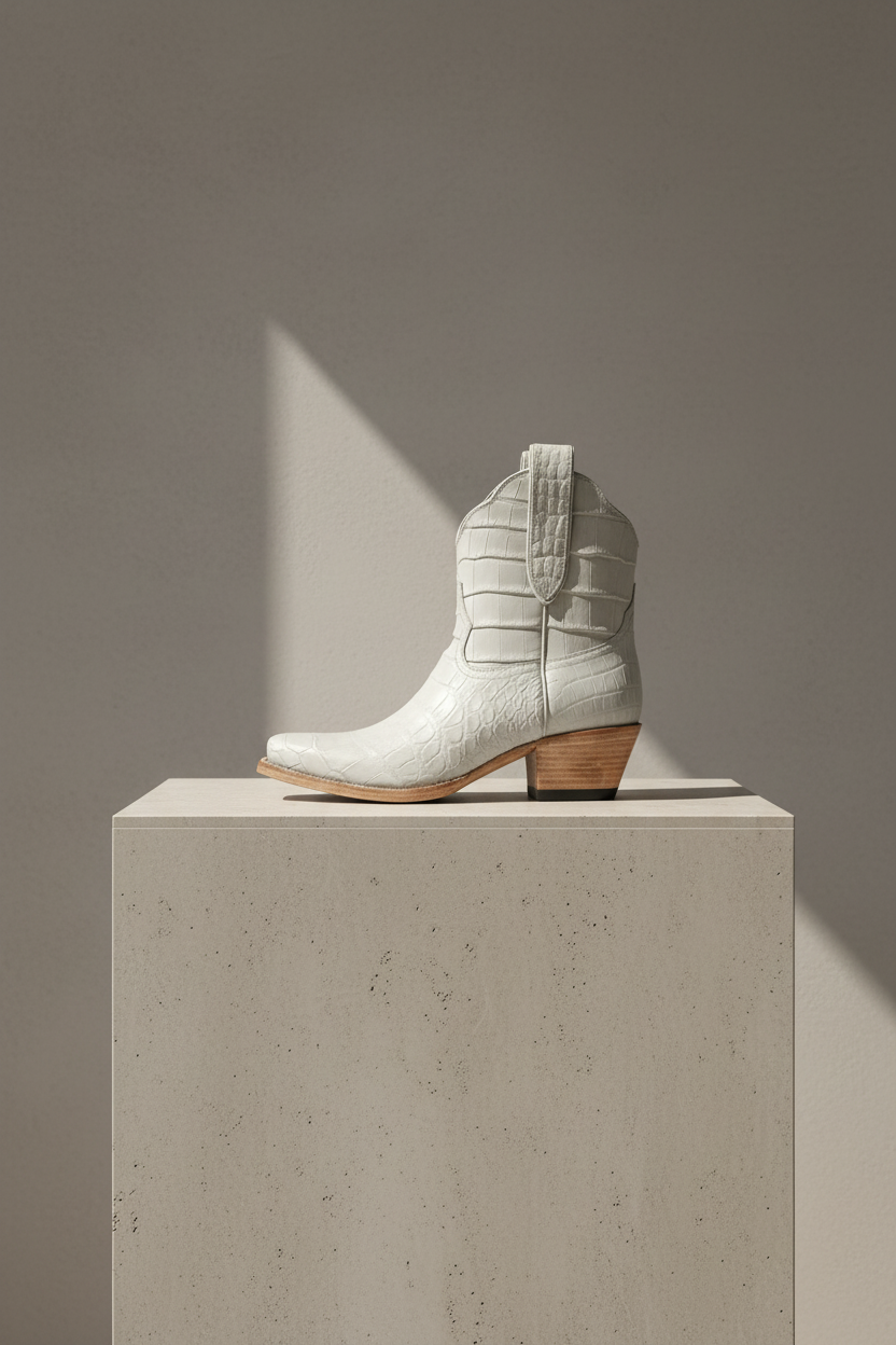 The Payton Boot — Putty Alligator — Side profile showing architectural silhouette and stacked leather heel