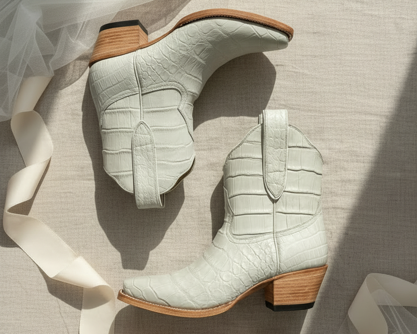 Pair of light gray chalk ivory cream ankle boots with wooden soles on a neutral background tule ribbon bridal alligator exotic short luxury boot cowgirl cowboy white
