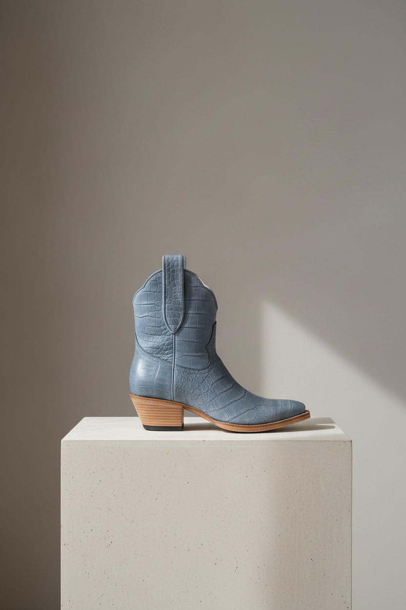 Light denim Blue alligator cowgirl boots cowboy boot on a white pedestal against a beige background