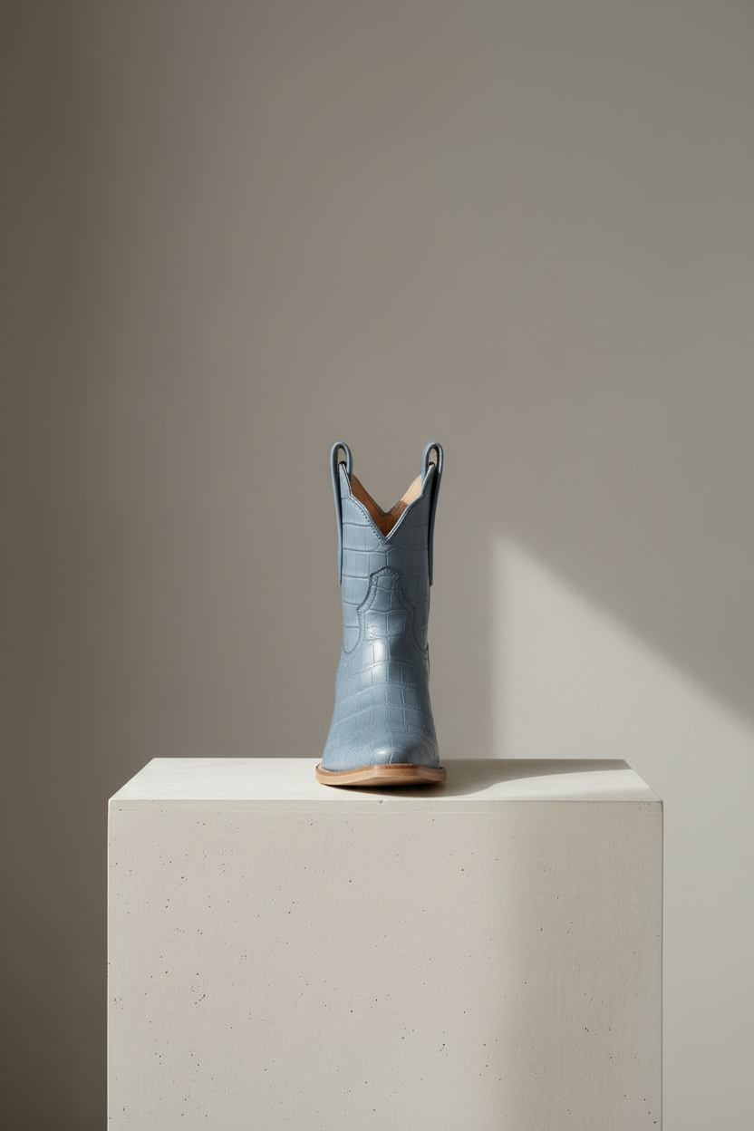 The Payton Boot — Denim Blue Alligator — Side profile showing architectural silhouette and stacked leather heel