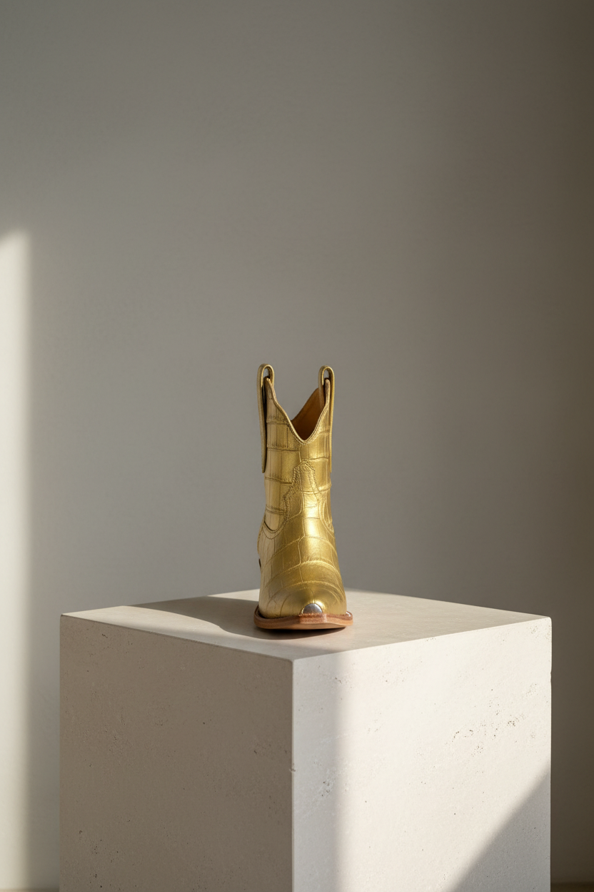 The Payton Boot — Gold Metallic Alligator — Side profile showing architectural silhouette and stacked leather heel