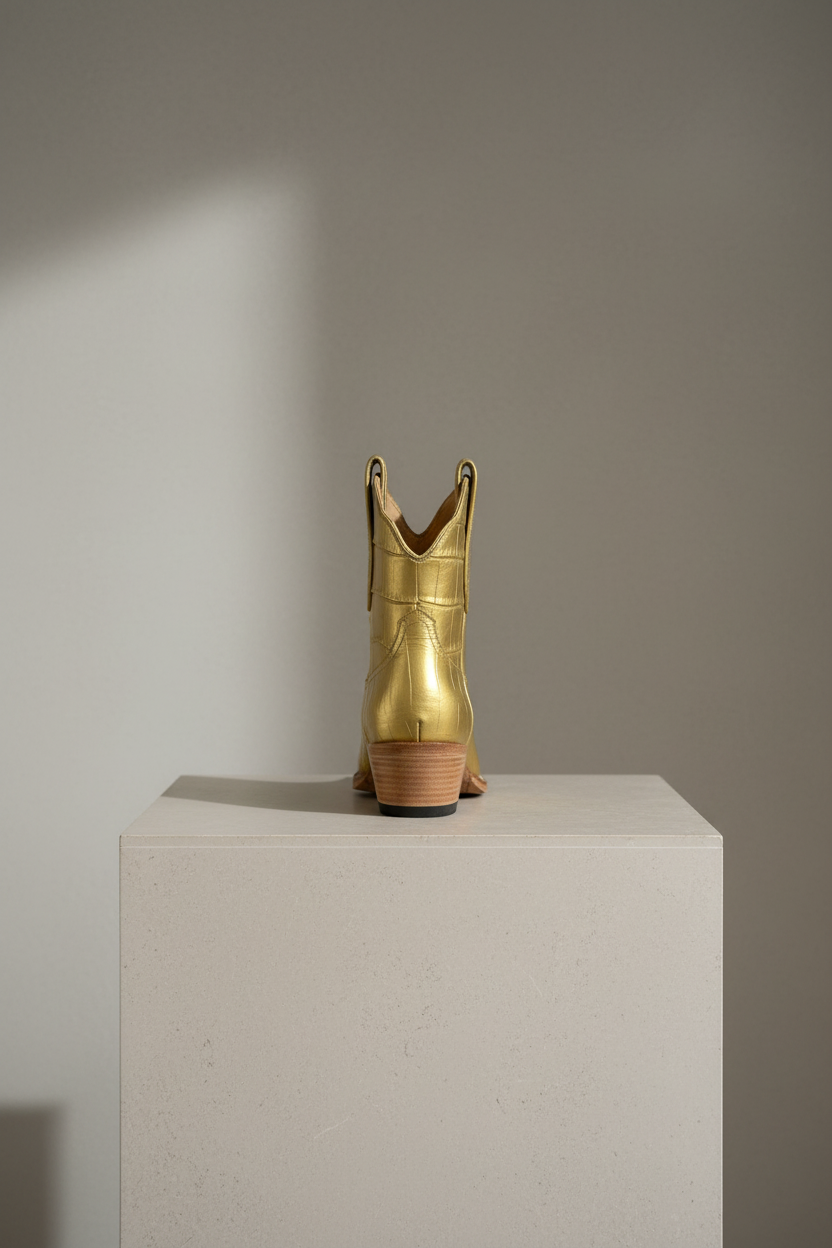 The Payton Boot — Gold Metallic Alligator — Detail view of premium calfskin texture and tonal stitching