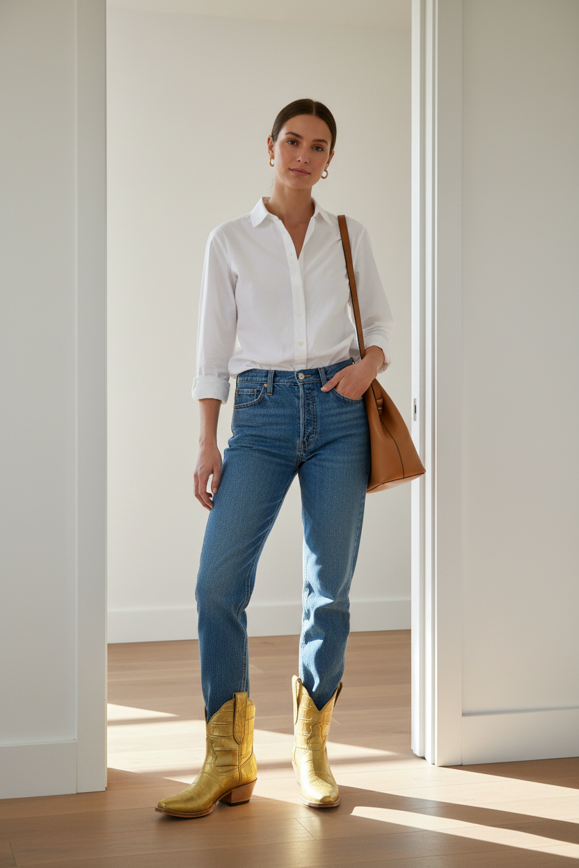 Woman wearing a white shirt, blue jeans, and yellow boots in a room with wooden flooring.