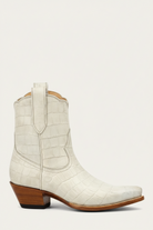 putty chalk ivory alligator short cowboy boot with brown sole on a white background