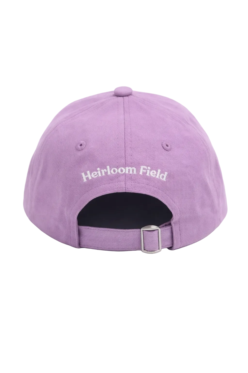 Back of the lavender Heirloom Field cap, showing white embroidery and an adjustable strap with a metal buckle.