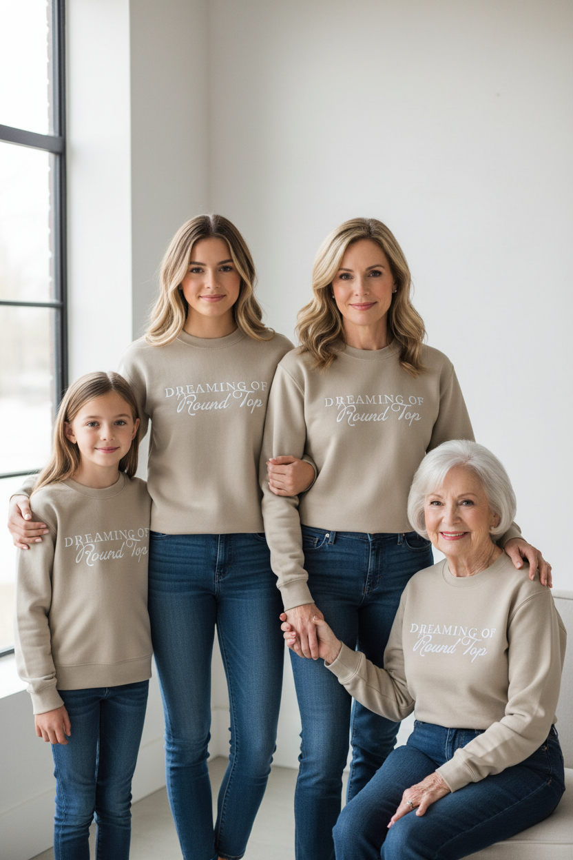 Four women of different generations wearing matching beige sweatshirts with text Dreaming of Round Top embroidered, standing close together in a bright room.