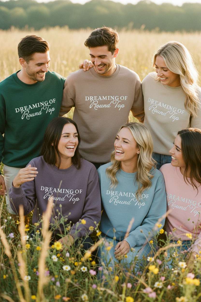 Group of people wearing matching sweatshirts with 'Dreaming of Round Top' text in a field.