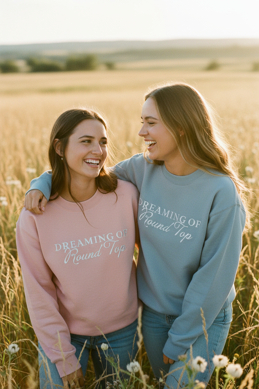 Two women standing in a field wearing matching 'Dreaming of Round Trip' sweatshirts.