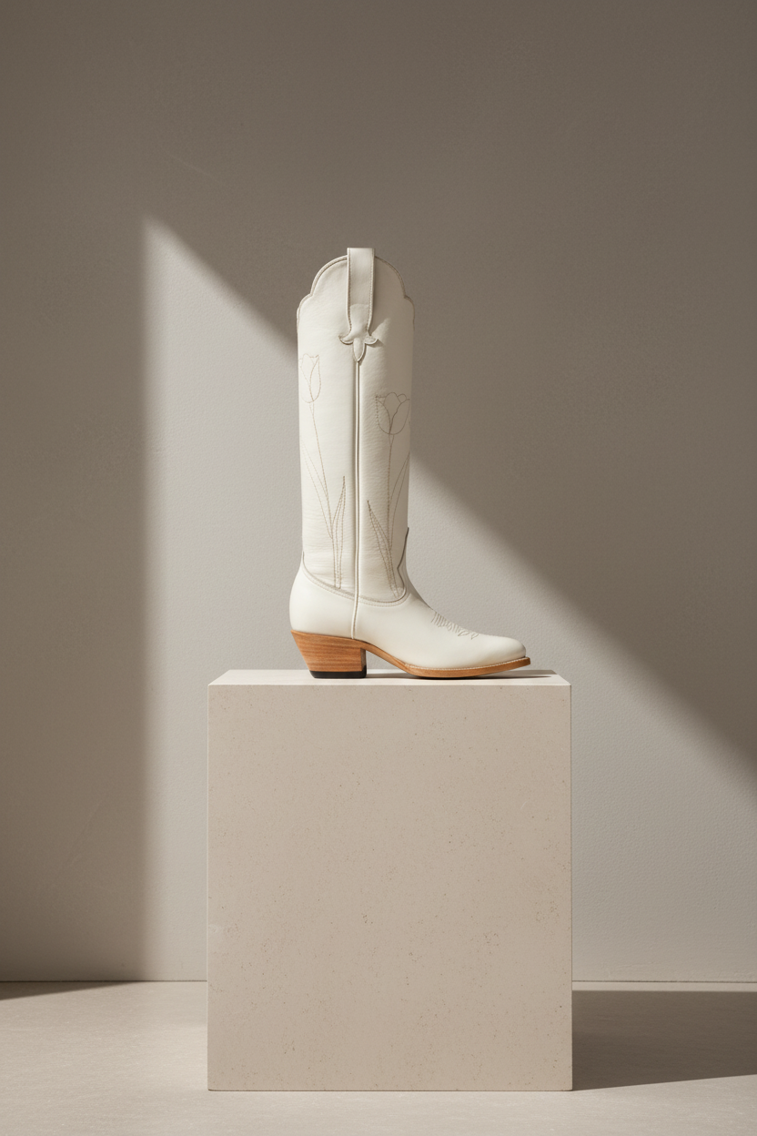Bone Tulip boot with tonal tulip detailing, side view on a stone pedestal