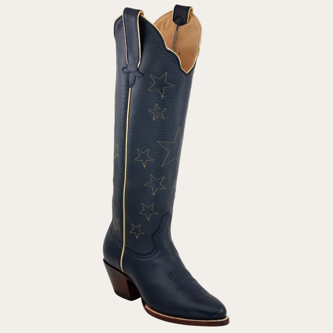 Navy blue cowboy boot with star patterns on a white background
