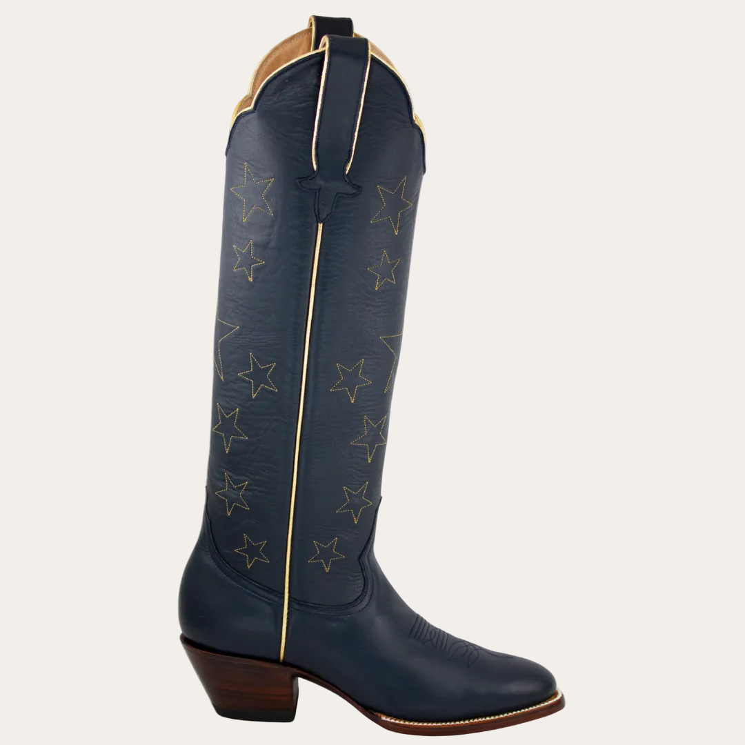 Navy blue cowboy boot with star pattern on a white background