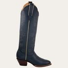 Navy blue cowboy boot with star pattern on a white background