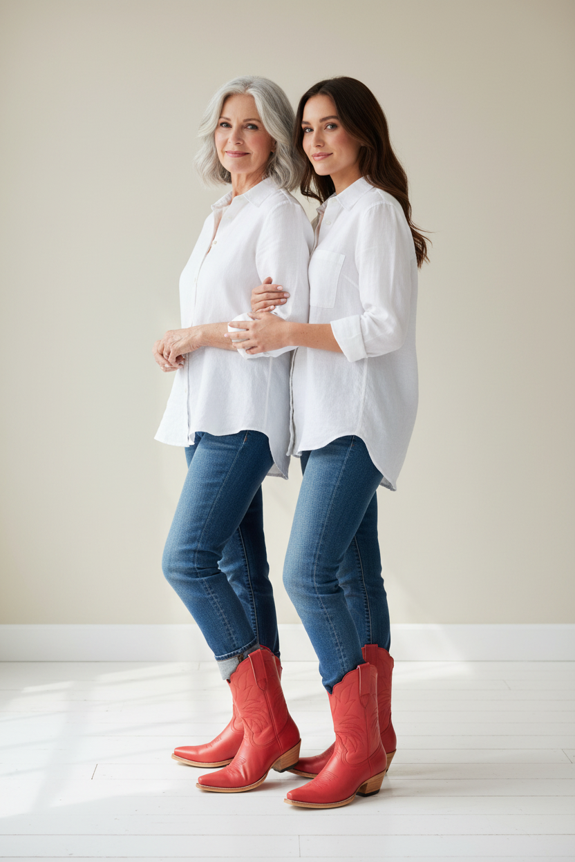 Two women wearing white tops and blue jeans with  luxury handcrafted deep red boots standing close together against a plain background.