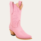 Pink cowboy boot with wooden heel and insole on a white background