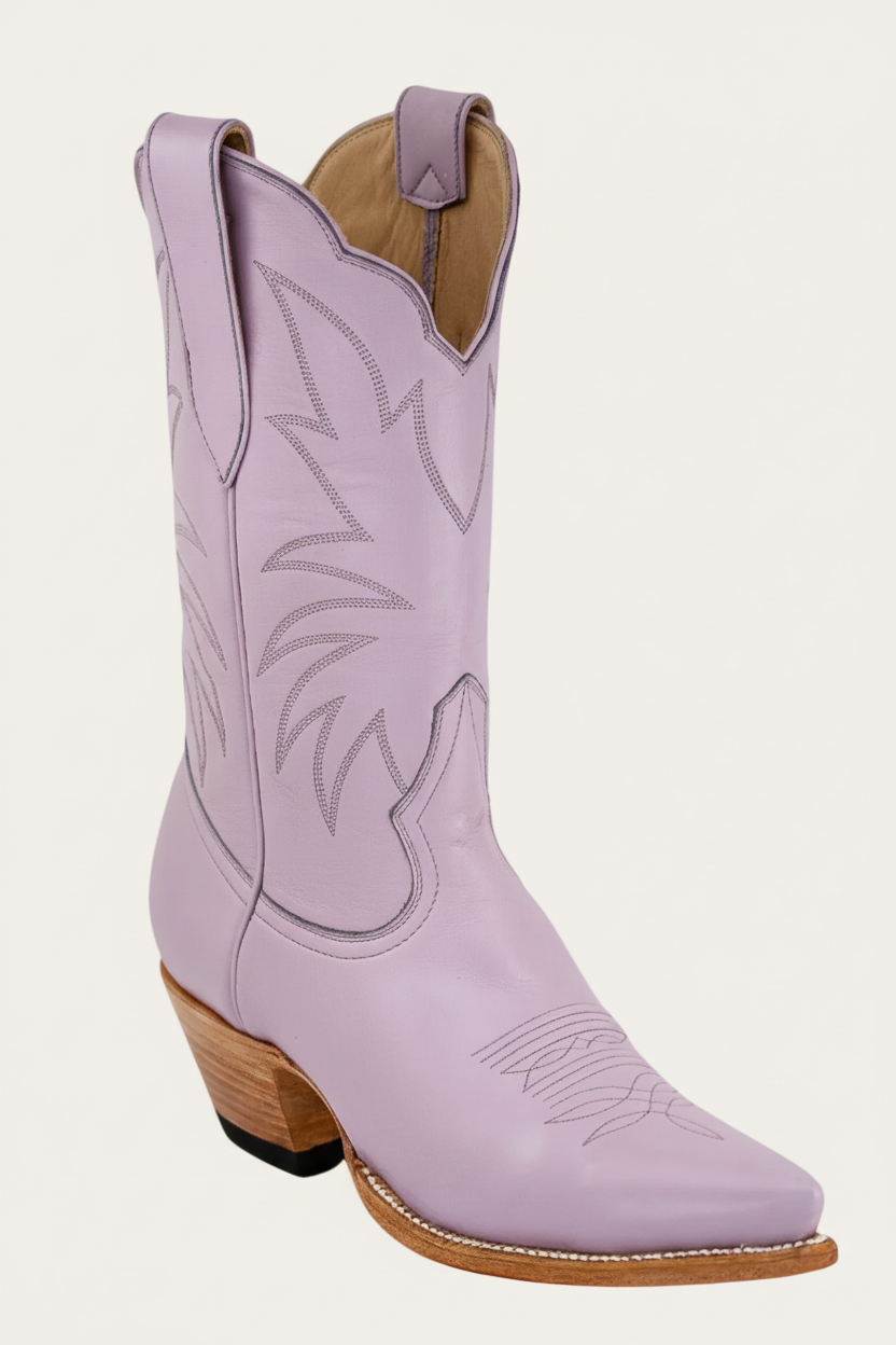 Lavender cowboy boot on a white background