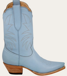 Light blue cowboy boot with brown sole on a white background
