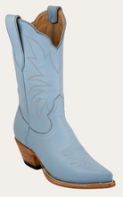 Light blue cowboy boot with brown sole on a white background