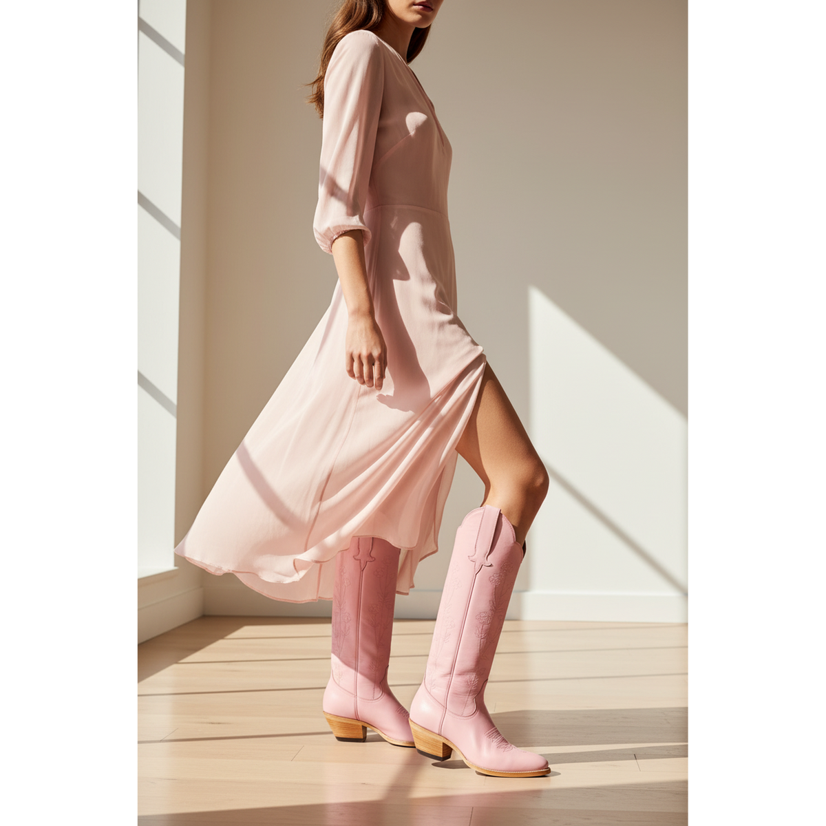 Pink Buttercup boots worn with a flowing pink dress
