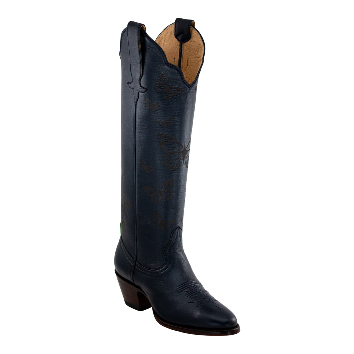Navy Butterfly boot, front three-quarter studio view on a transparent background.