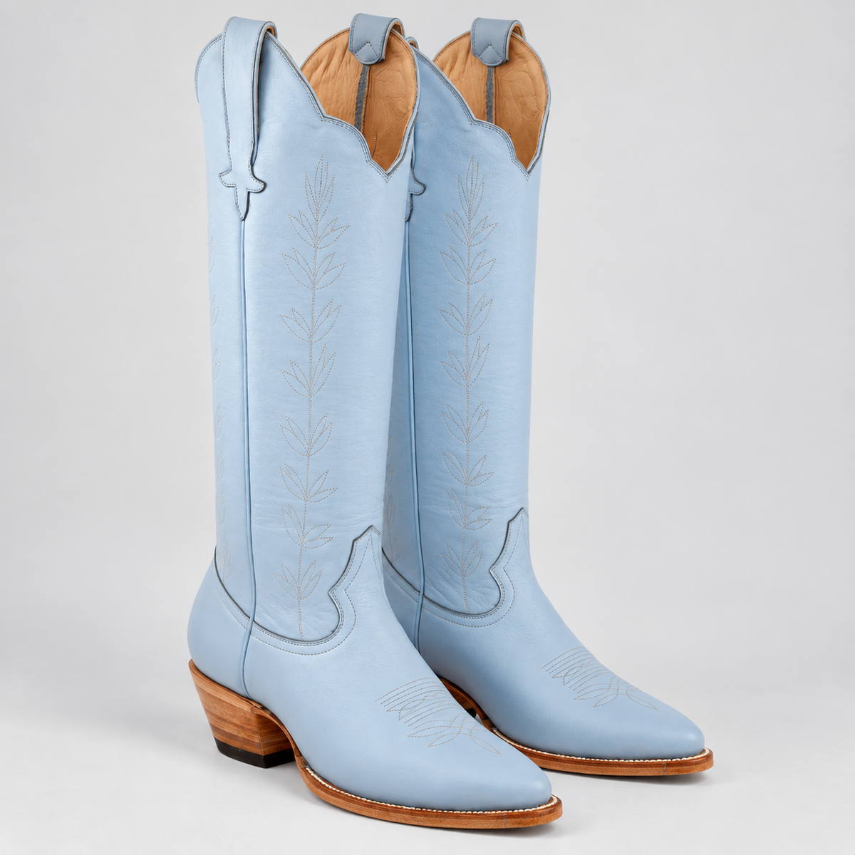 Powder Blue Vine | Soft studio pair. AI-generated editorial image.