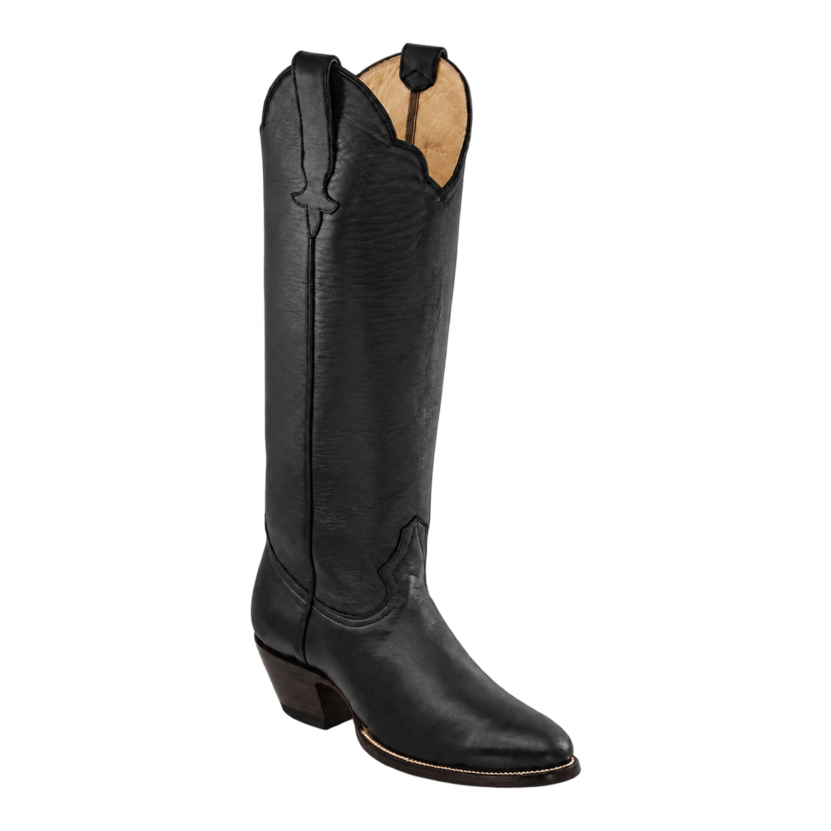 Georgia Tall Boot in Black, three-quarter product render with espresso heel and sole edge