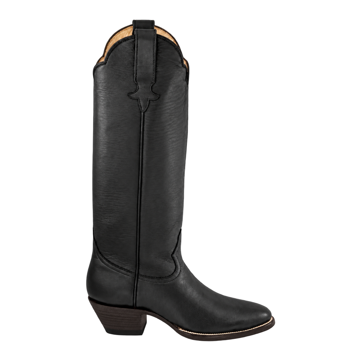 Georgia Tall Boot in Black, side-view product render with espresso heel and sole edge