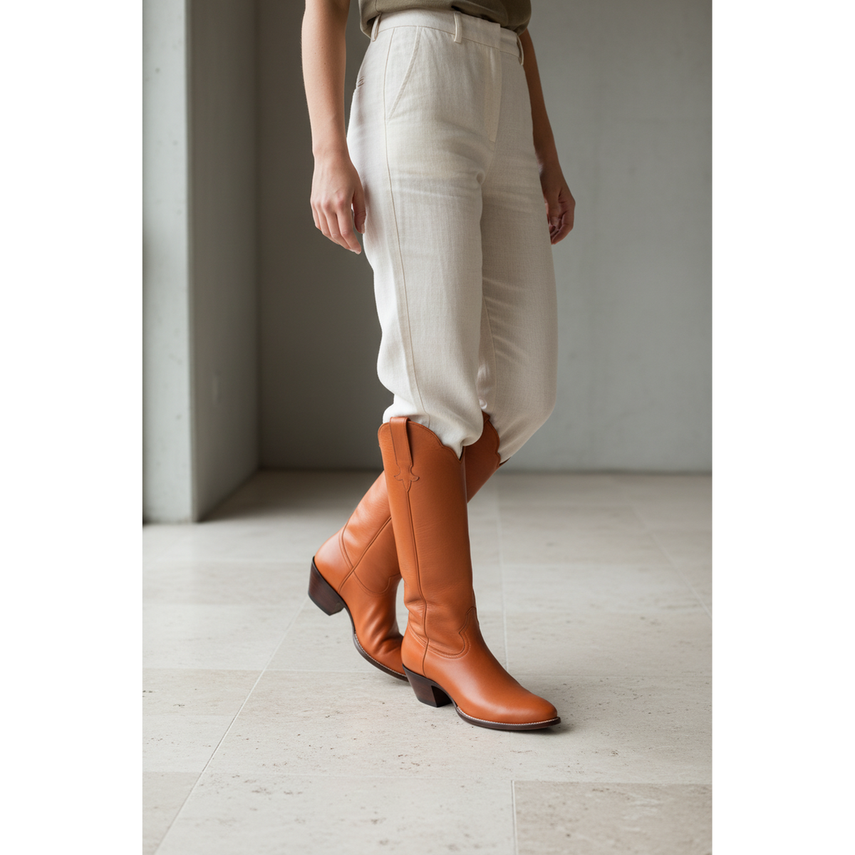 Chestnut tall boots worn with light trousers.