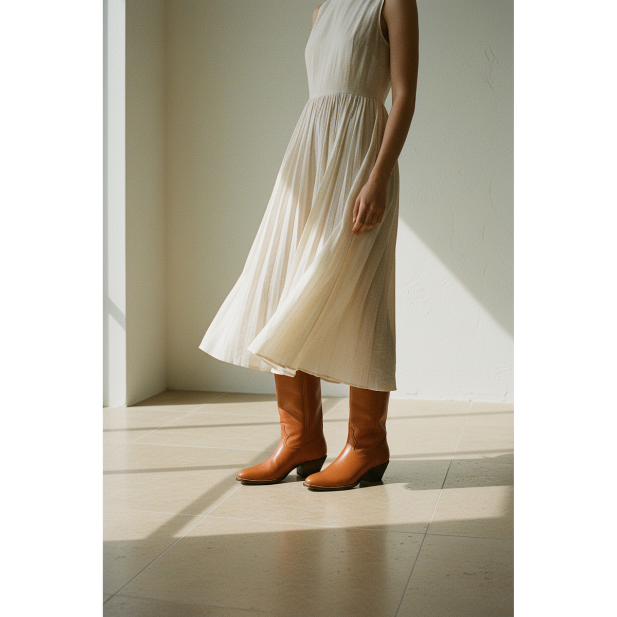 Chestnut tall boots worn with a light dress.