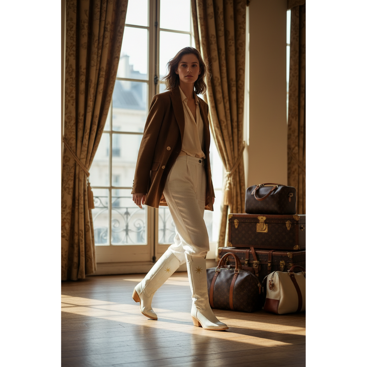 Woman wearing ivory boots with a brown jacket and light trousers.