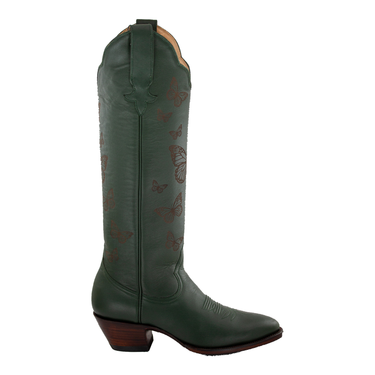 Hunter Green Butterfly boot, side studio view on a transparent background.